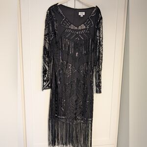 Unique Vintage Charcoal Beaded Long Sleeve Dress